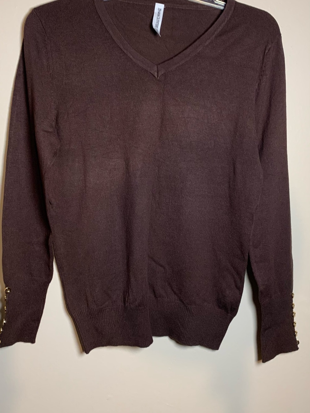 Zenana Outfitters Chocolate Brown V-Neck Sweater with Button Cuff Detail Medium